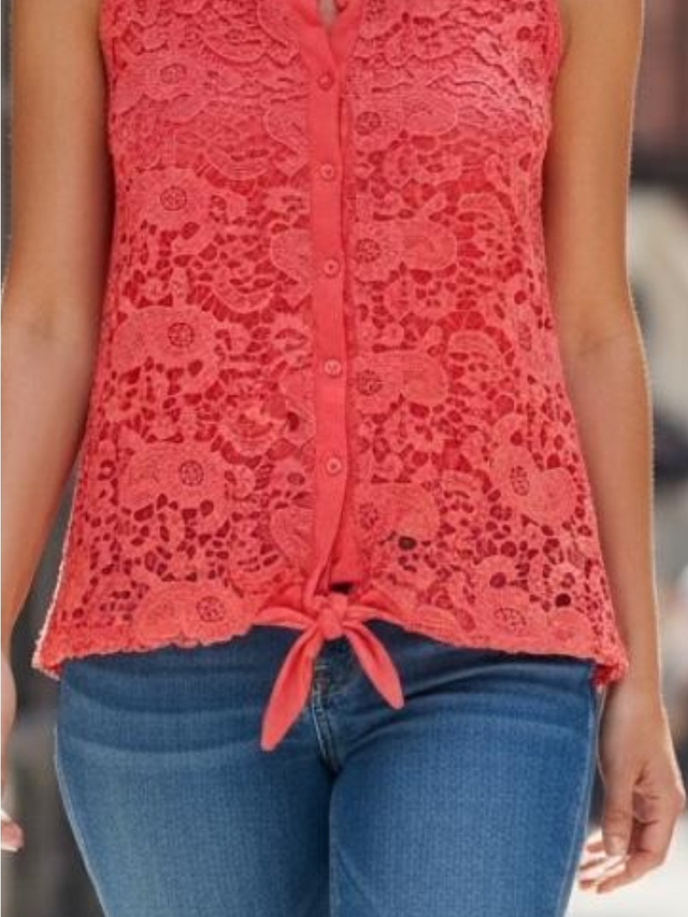 French Laundry Coral Lace Button-Front Tie-Hem Sleeveless Top